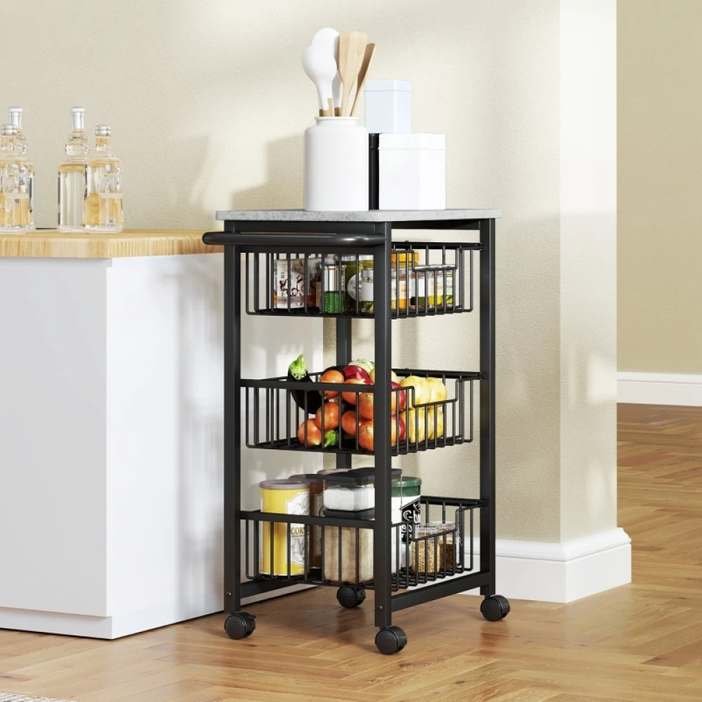 Carrito de cocina de 3 niveles con ruedas, carrito de servicio rodante, carrito de cocina con 3 cestas de acero, carrito para servir