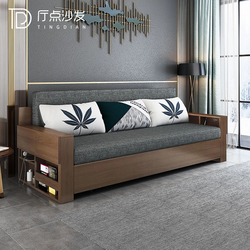 

Sofa Bed Dual-Use Solid Wood Foldable Seat and Bedroom Simple Push-Pull Storage Living Room Small Apartment Double Sofa