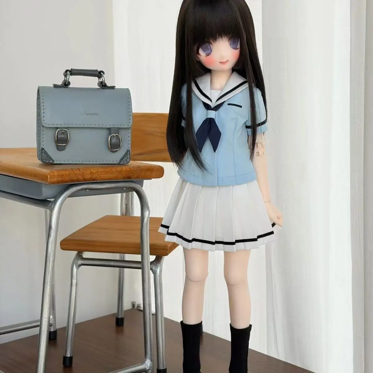 Japanese Uniform Doll Outfit Set Light Blue Short Sleeve Sailor Top with Navy Bow Tie Jk Student Suit for 1/4 45Cm Bjd Doll