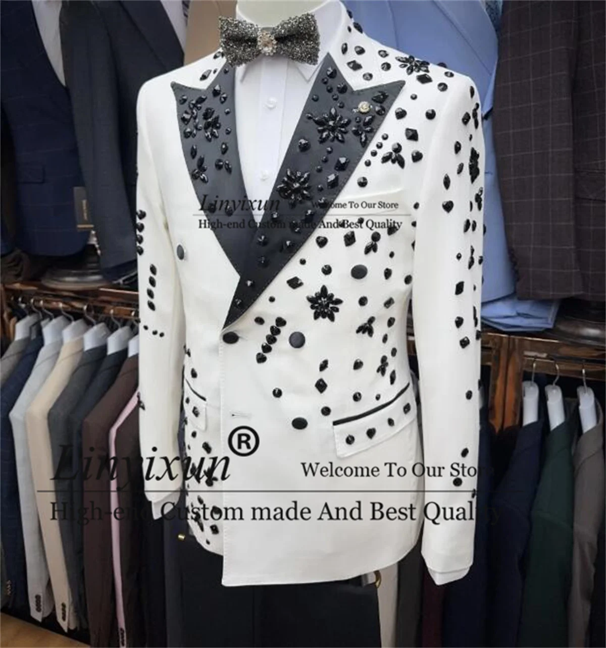 Luxury Diamond Ornament Men Suits 2 Pieces Sets Groom Male Prom Blazers Customized Slim Fit Wedding trajes para hombre Tuxedos