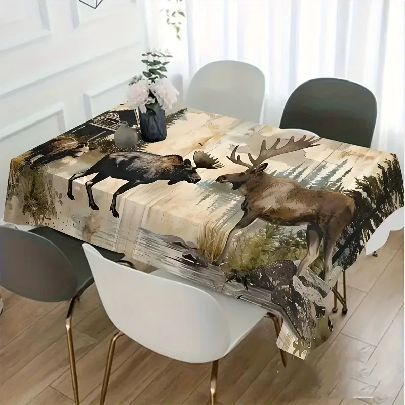 1pc Country Style Deer and Bear Forest Tablecloth for Rectangular Table  Wood Texture Designxzj