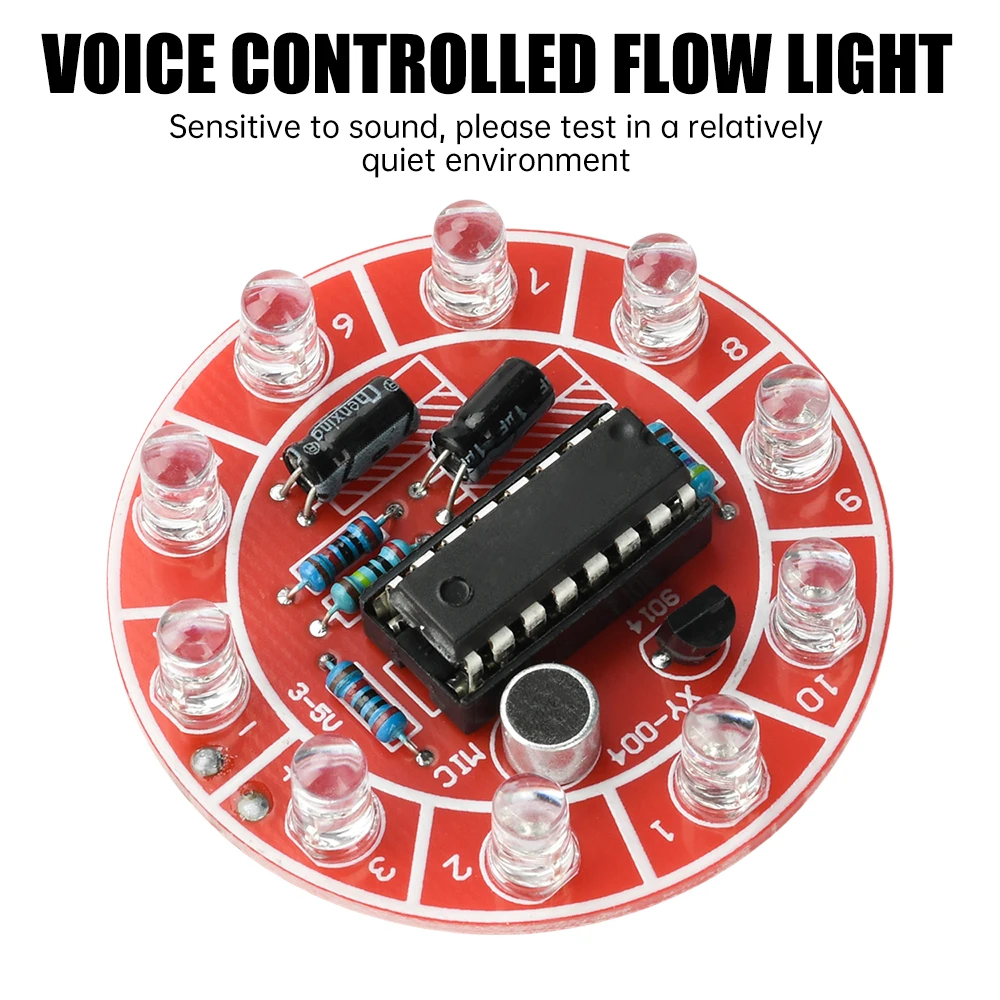 3–5V DC Voice-Controlled Rotating LED Running Lights, DIY Electronics Kit with 10 LED Bulbs, Soldering Practice Board Kit