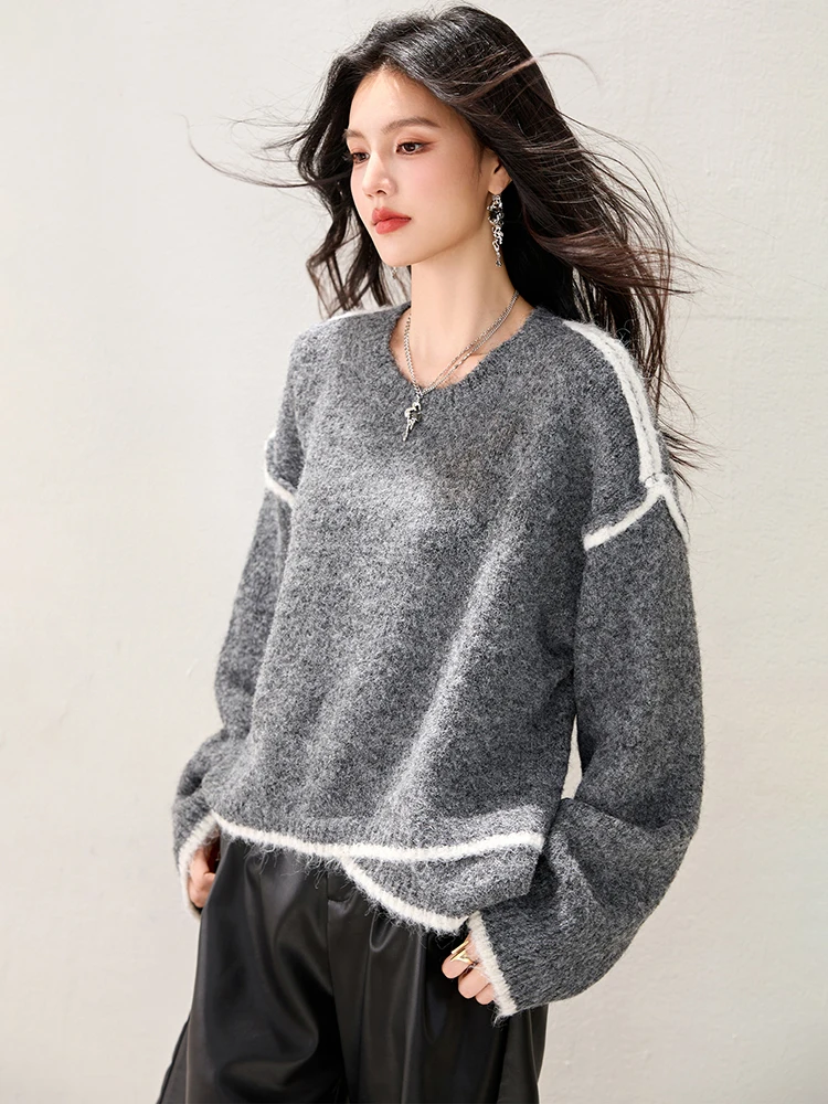 Mulheres camisola arco-íris outono inverno cor-bloqueio curso fungo pulôver de malha o-pescoço botão manga longa topo feminino sw016