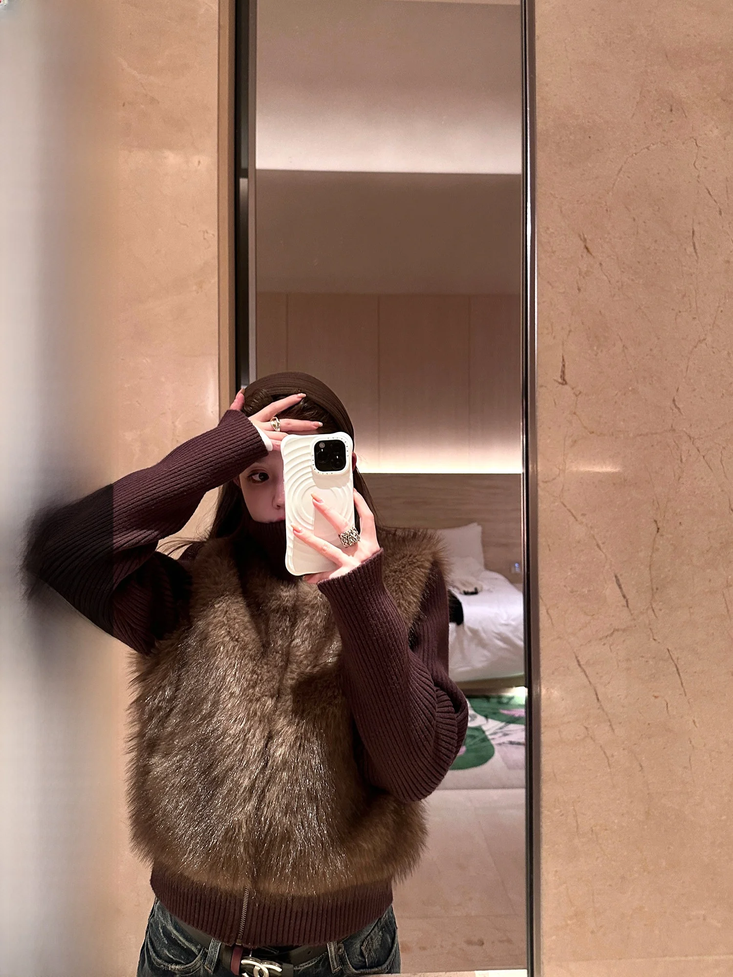 

Linngs Faionable New Arrival Knitted Patchwork Eco-Friendly Fur Jaet Stand Collar ort Outerwear for Women Warmth