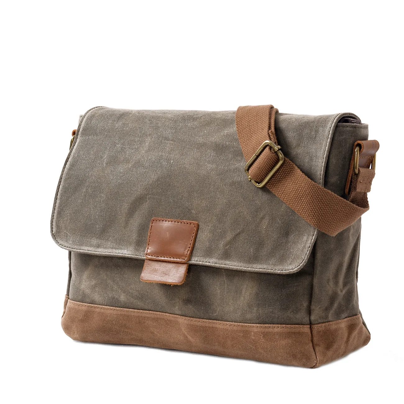 Mens Waxed Canvas Crossbody Bag Waterproof Top Grain Leather Shoulder Messenger Bag Casual Commuter Work Daily Use Vintage