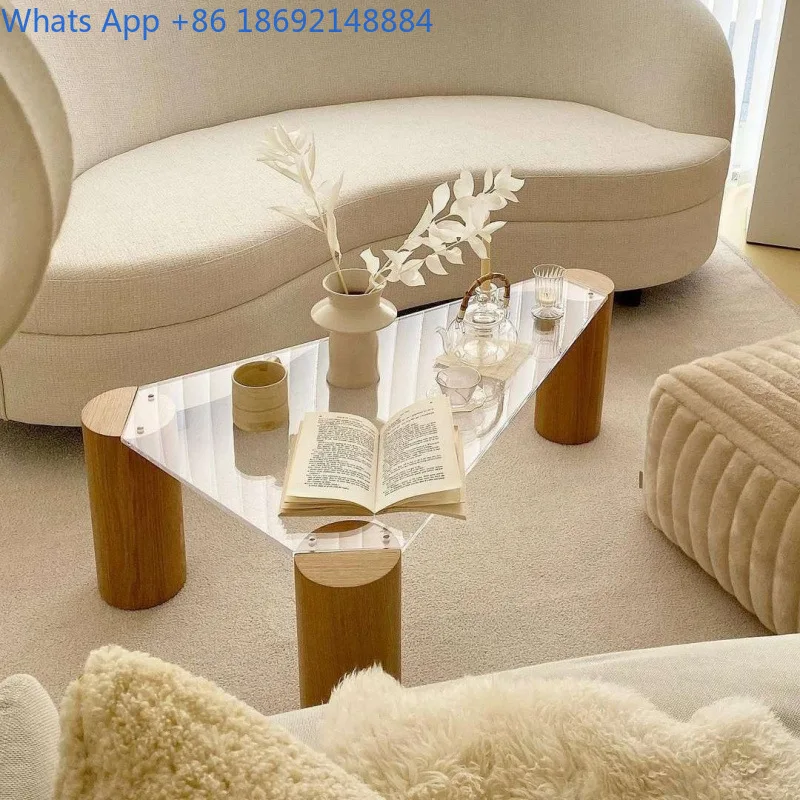 Acrylic Triangle Transparent Coffee Table Solid Wood Geometric Table retro scandinavian Style Homestay