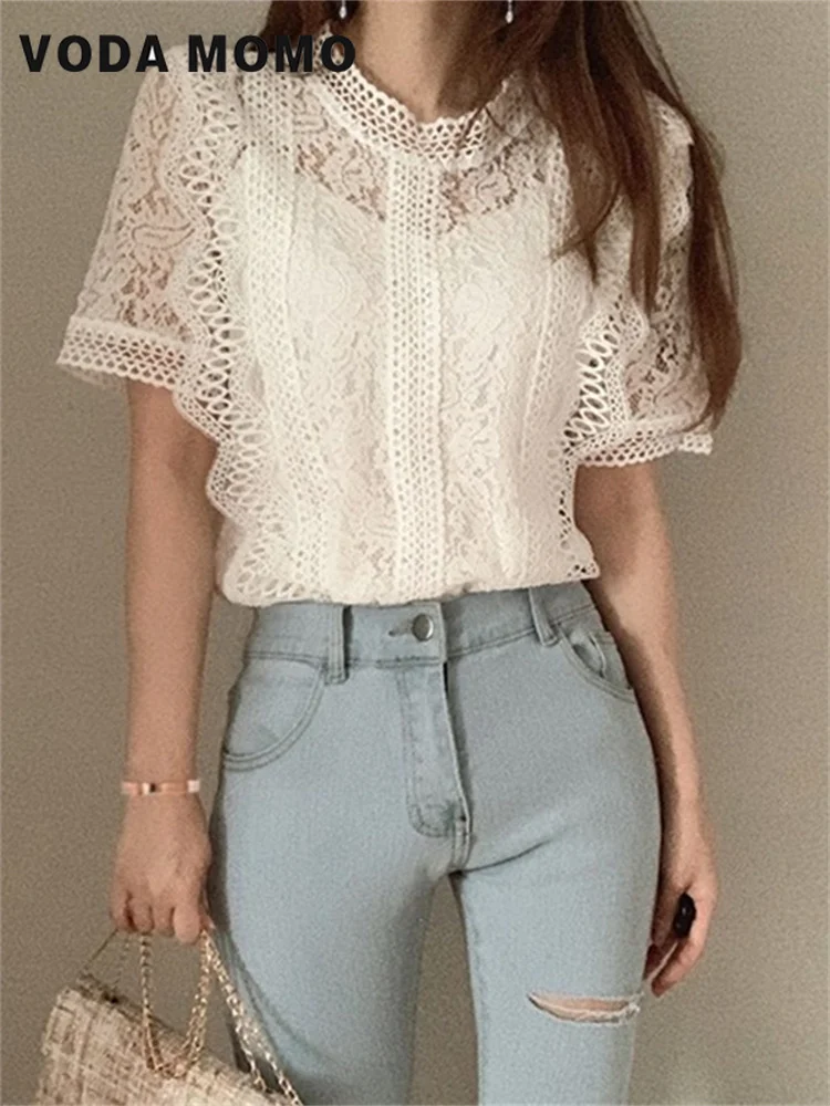 여름 한국 세련된 탑 자른 셔츠 여성 짧은 소매 오-넥 캐주얼 레이스 중공 우아한 패션 레트로 모든 경기 슬림