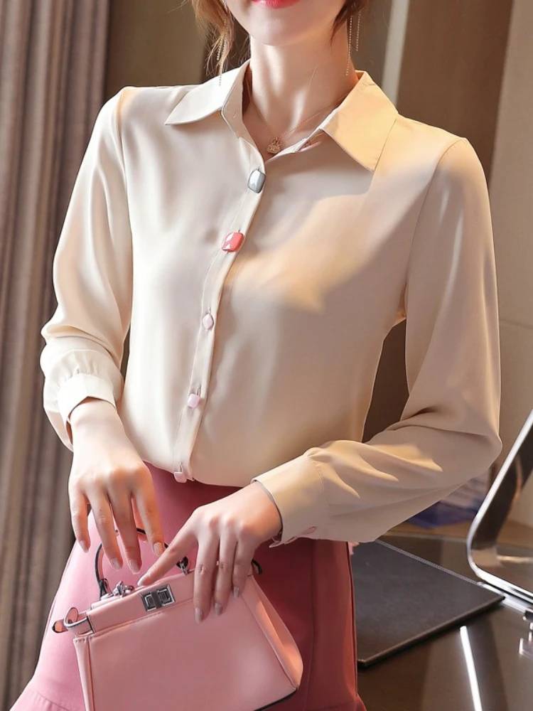

Solid Color Versatile Layering Top 2026 Spring New Lapel Color Button Chiffon Women Blouse Trendy Slim Fit Women Shirt