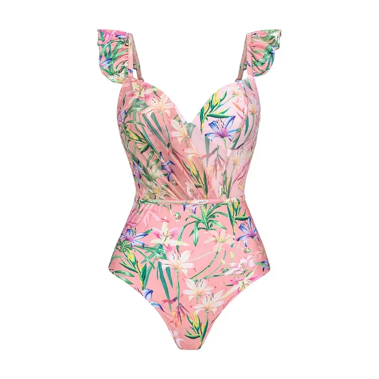 FLAXMAKER Floral Print One Piece Swimsuit and Mesh Splicing Sarong Summer Swimwear Women Beachwear