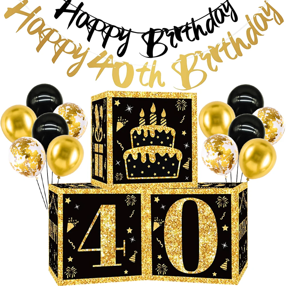 Décoration de fête d'anniversaire 40e anniversaire, noir et or, bannière joyeux 40e anniversaire, boîtes en carton, ballon de 12 pouces pour hommes et femmes, fournitures de fête