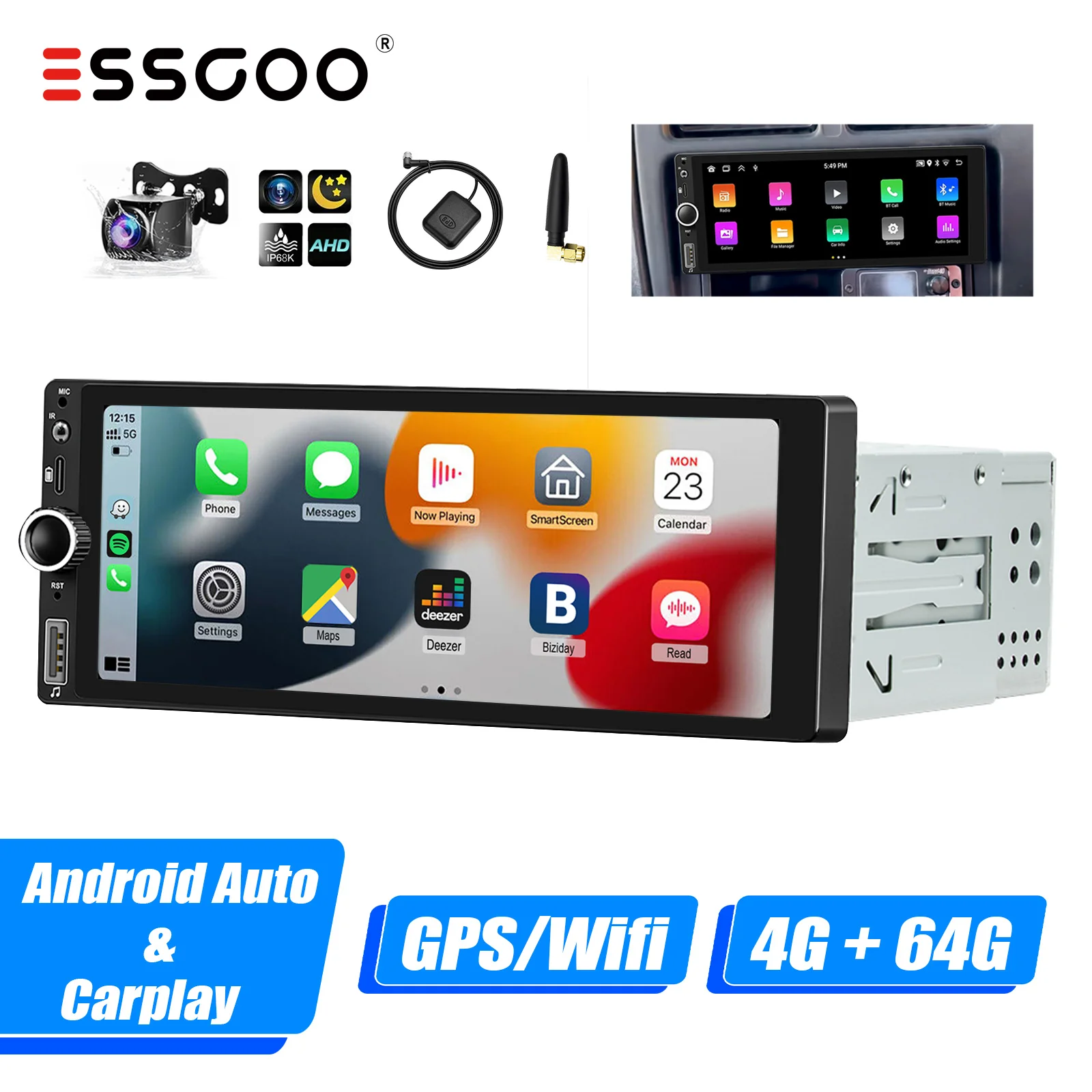 ESSGOO 1 DIN Android 14 4+64G Apple Carplay Android Auto Autoradio 6.86" IPS Scherm Bluetooth USB Type-C GPS SAT Navi RDS Wi-Fi SWC USB - afbeelding 1
