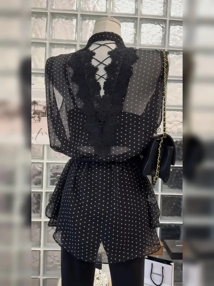 

French Elegant Sleeveless Blouse Women 2025 Summer Black Polka Dot Chiffon Tops with Bow Tie Neck Trendy Chic Office Lady Look