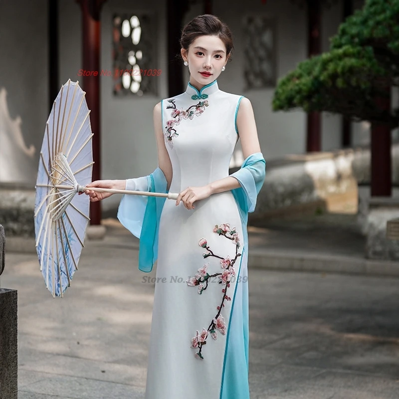 

2025 chinese vintage dress improved cheongsam national flower embroidery sleeveless qipao evening dress banquet party dress