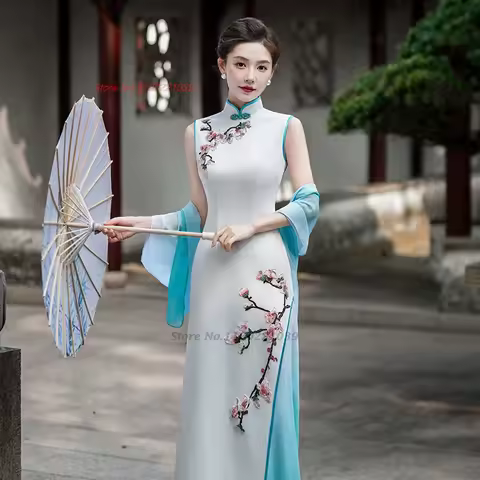 2026 chinese vintage dress improved cheongsam national flower embroidery sleeveless qipao evening dress banquet party dress