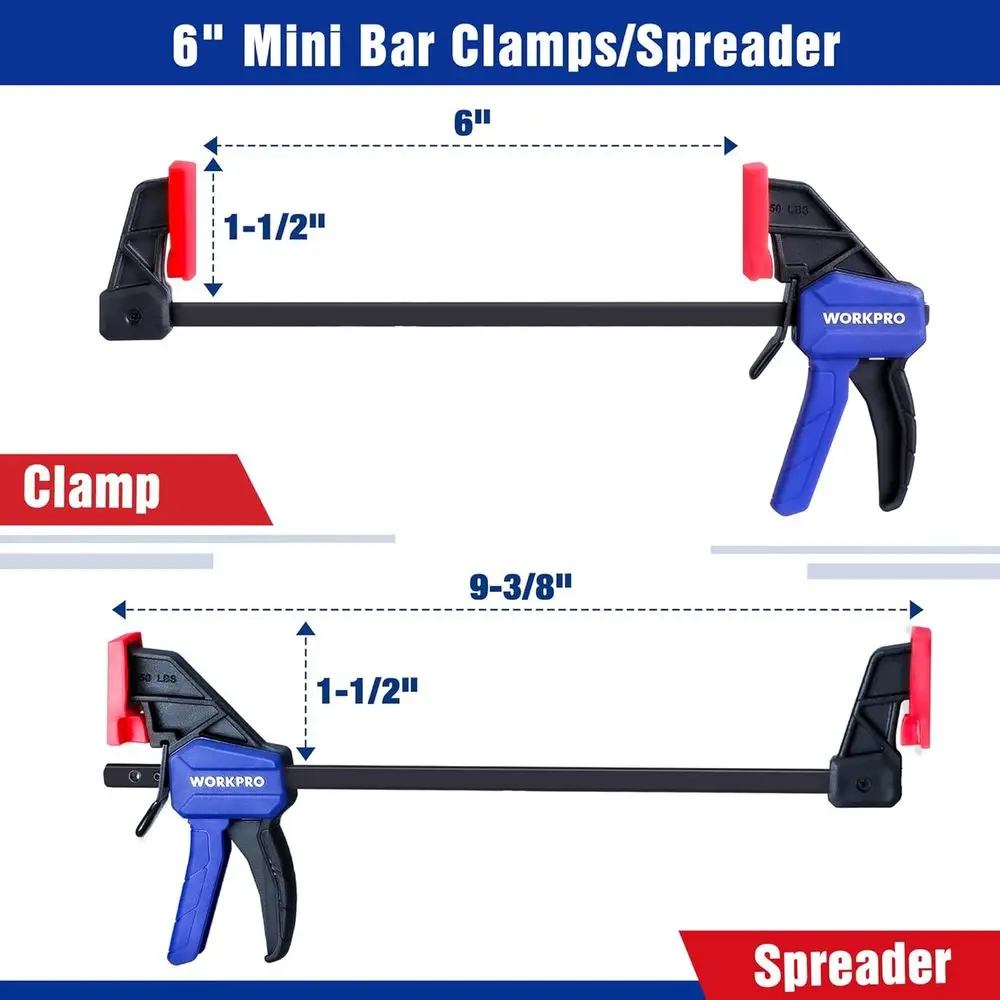 6 Light-Duty Mini Bar Clamps for Woodworking, 50lbs Capacity, 2 Pack
