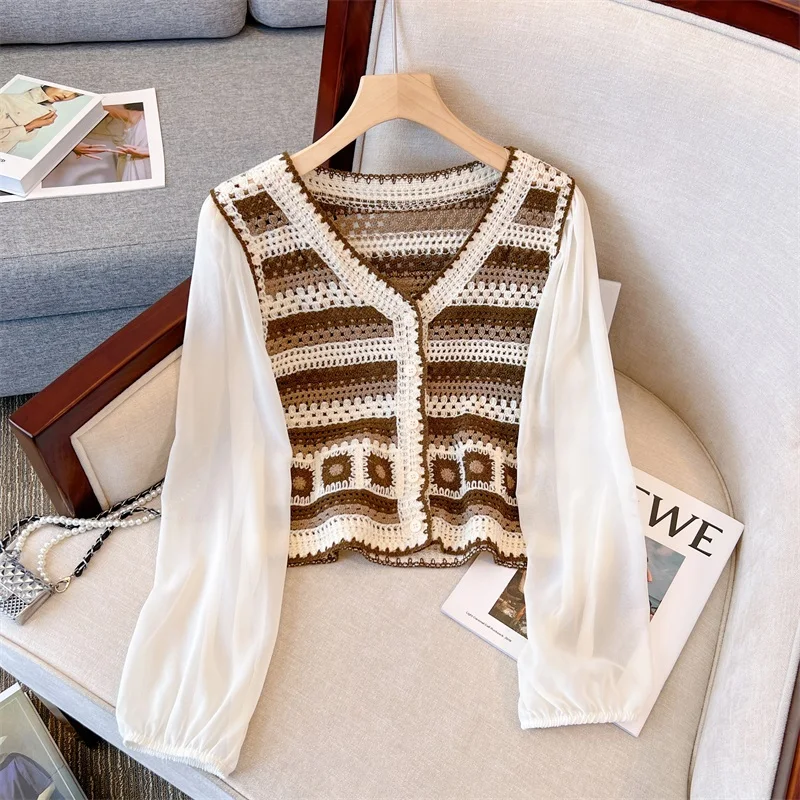 Granny Square Crochet Top Blouse with Chiffon Sleeve Button Front Cardigan Crop Top Women Spring Summer Fairycore Cottagecore