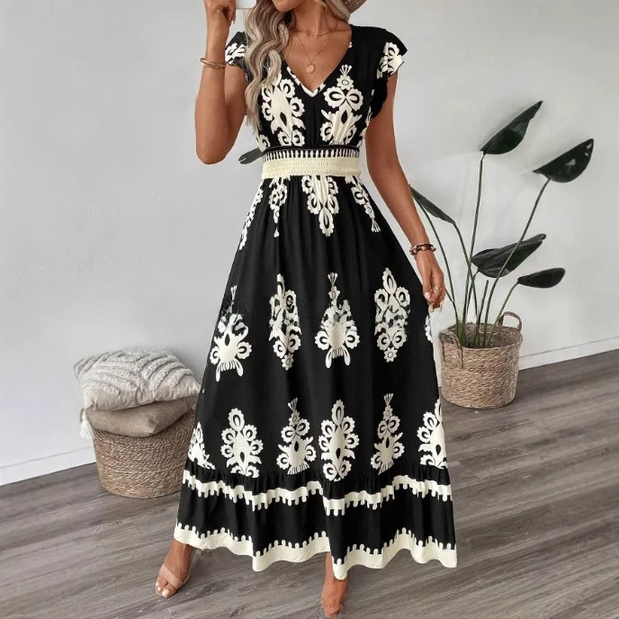 فستان نسائي صيفي 2025 بتصميم واسع وطباعة أنيقة لعطلة الشاطئ، خصر مطاطي، محبوك من البوليستر السميك، وصول جديد #2