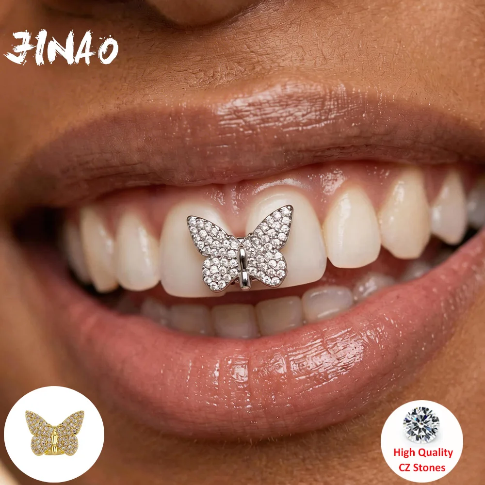 JINAO Hip Hop New Butterfly Single Teeth iced out cz Grillz Men Women Top&Bottom shinny single Grill Punk Rapper Christmas Gift