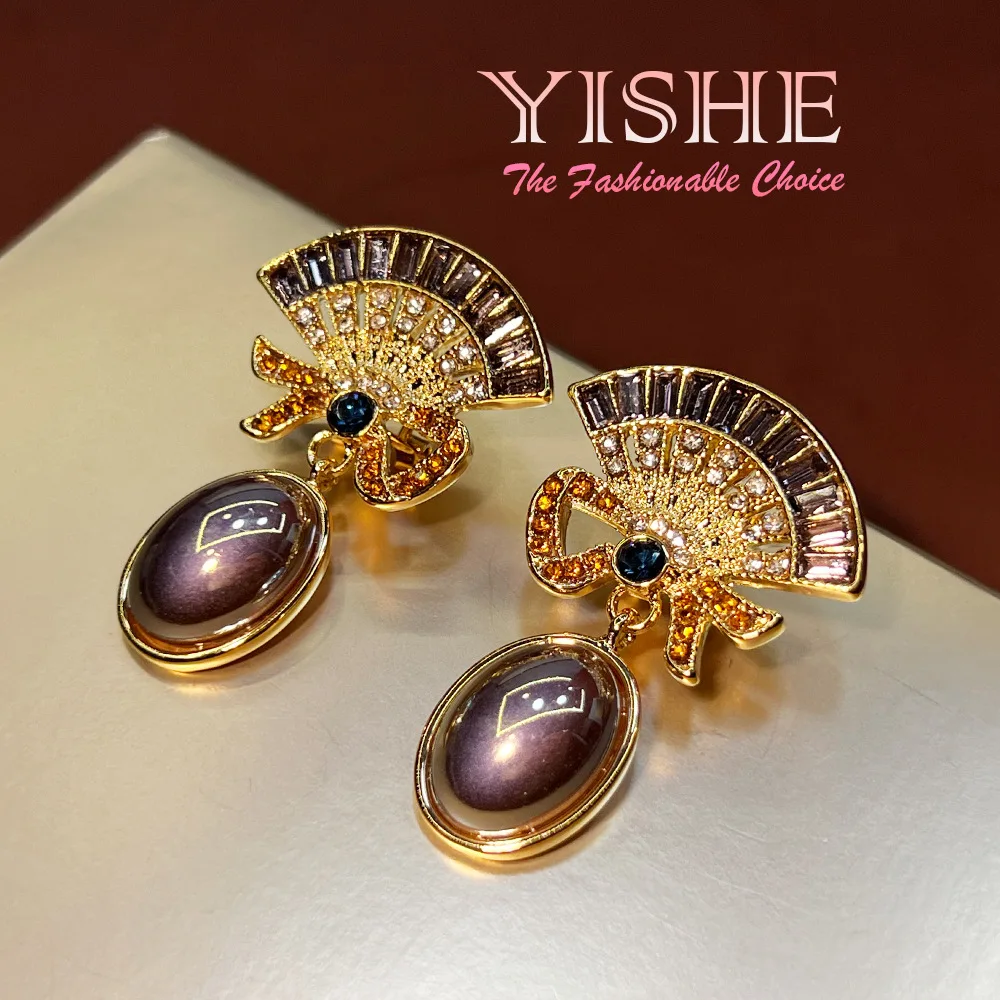 New Chinese fan-shaped water drop earrings, niche design feeling court style elegant S925 silver-plated real gold advanced ear