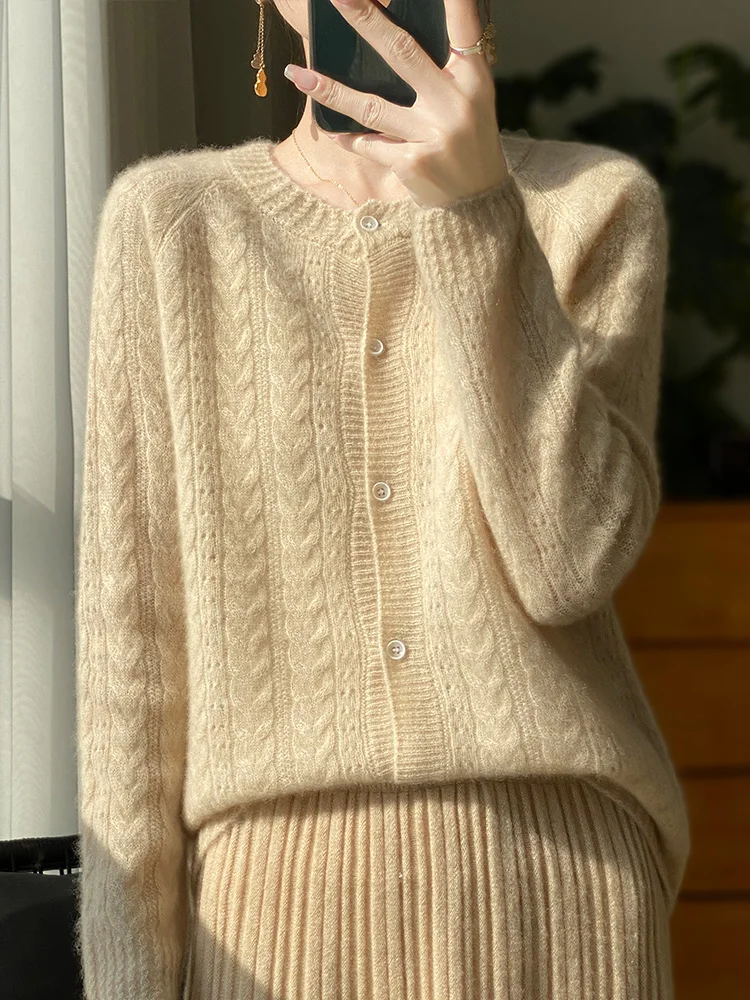 100% Merino Wool Knitwear O-neck Hollow Out Sweaters For Women Cardigan Raglan Sleeve Spring  Autumn Cashmere Popular Clothes