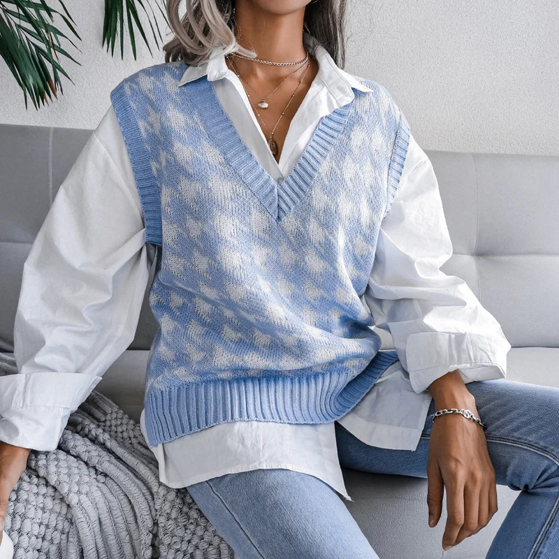 women's Houndstooth knit sweater vest autumn 2023 new loose V-neck sleeveless elegant fashion casual vest sweaters pullover