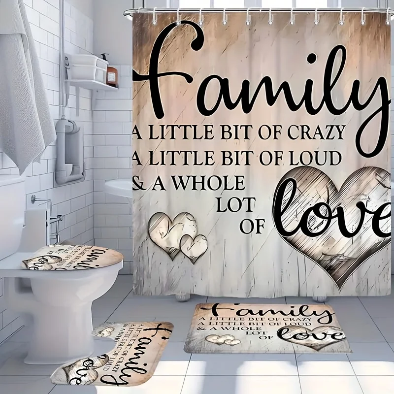 

Семейный набор для ванной комнаты с мотивационными цитатами, 1/4 шт., водонепроницаемая изолированная полиэстеровая занавеска для душа, нескользящий коврик для ванной, U-образный коврик,