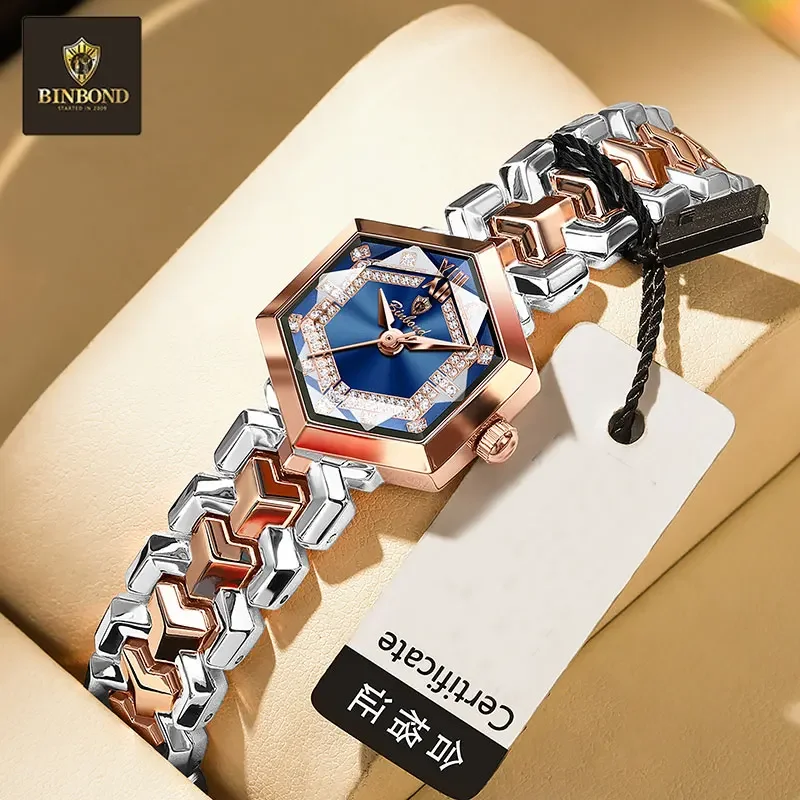 BINBOND Elegant Women's Watches Fashion Rhombus Mirror Ladies Wristwatch Waterproof Luminous Diamond Dial Original Quartz Watch