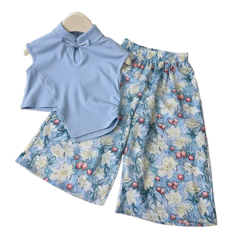 2025Summer Baby Girl Tang Suit National Style Set New Chinese Style Vest for Girls+Trendy Pants Two-Piece Set