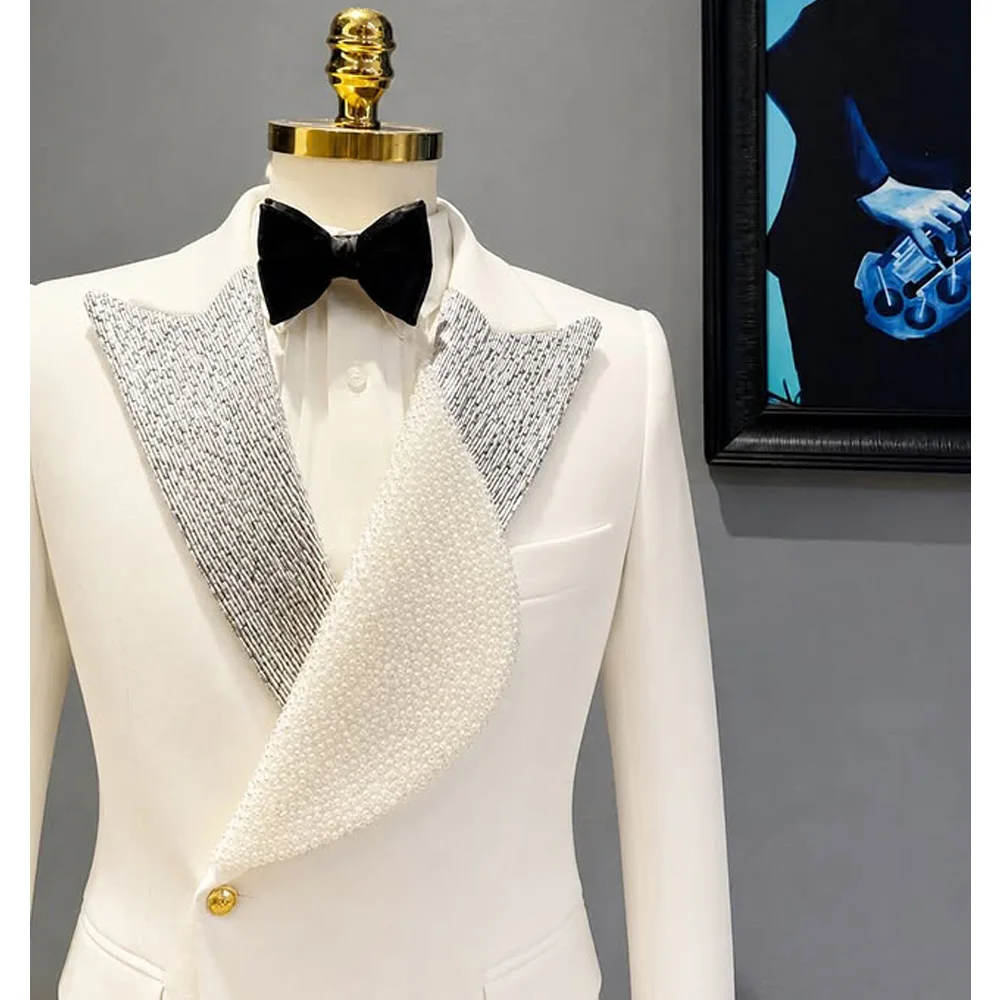 Luxury Men's White Pearl Decorated Blazer Silver Glitter Lapel Tuxedo Jacket Asymmetrical Flap Design Stylish Formal Wedding Sui