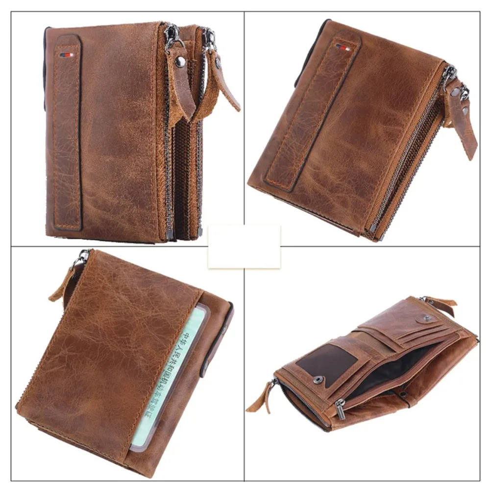 Genuine Leather Men's Wallets Short Luxury	Designer	RFID Credit Card Holders for Men Zipper Coin Wallet Crazy Horse Handbag