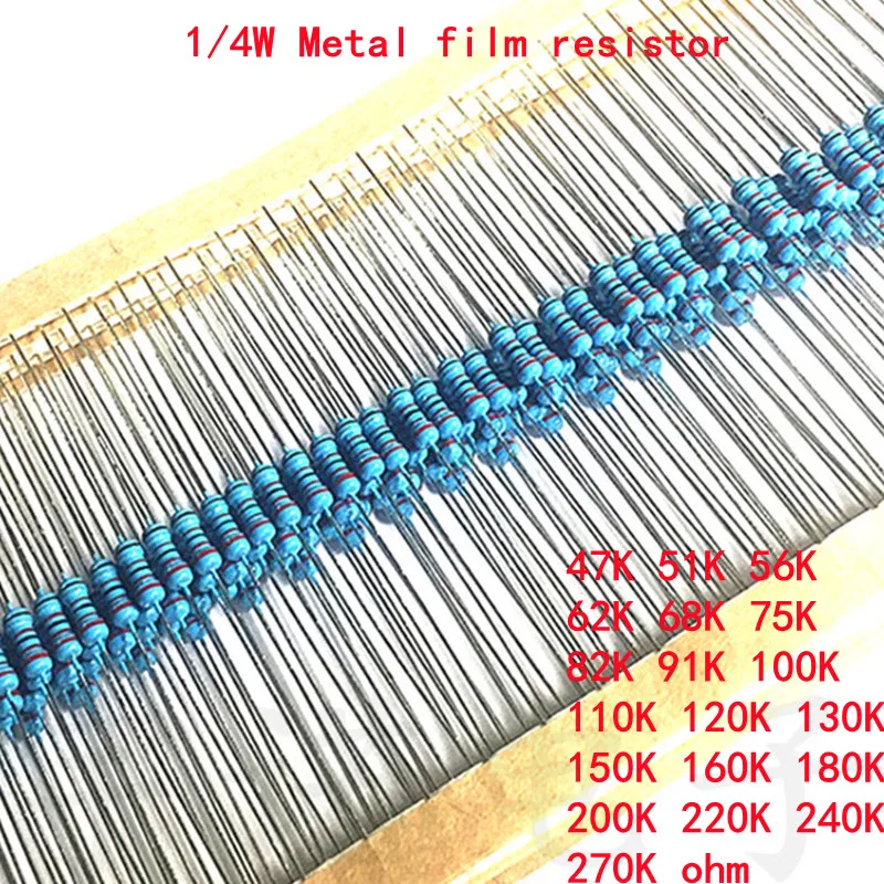 Resistencia de película metálica de alta calidad, 100 unidades, 1/4W, 1%, 47K, 51, 56, 62, 68, 75, 82, 91, 100, 110, 120, 130, 150, 160, 180, 200 K, Ohm