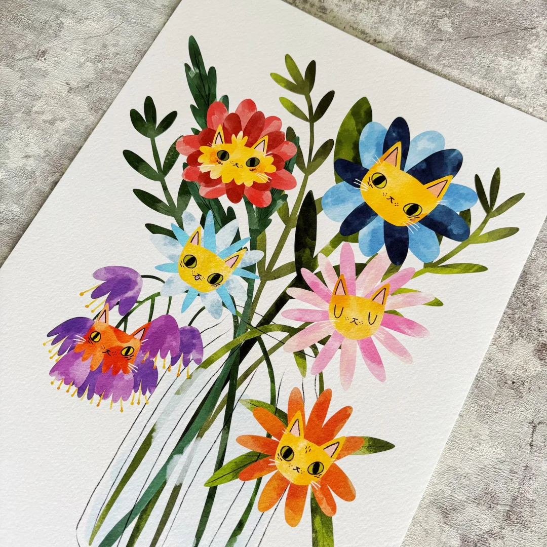 Katzenkunstdruck: Katze und Blumenstrauß, Illustrationskunstwerk