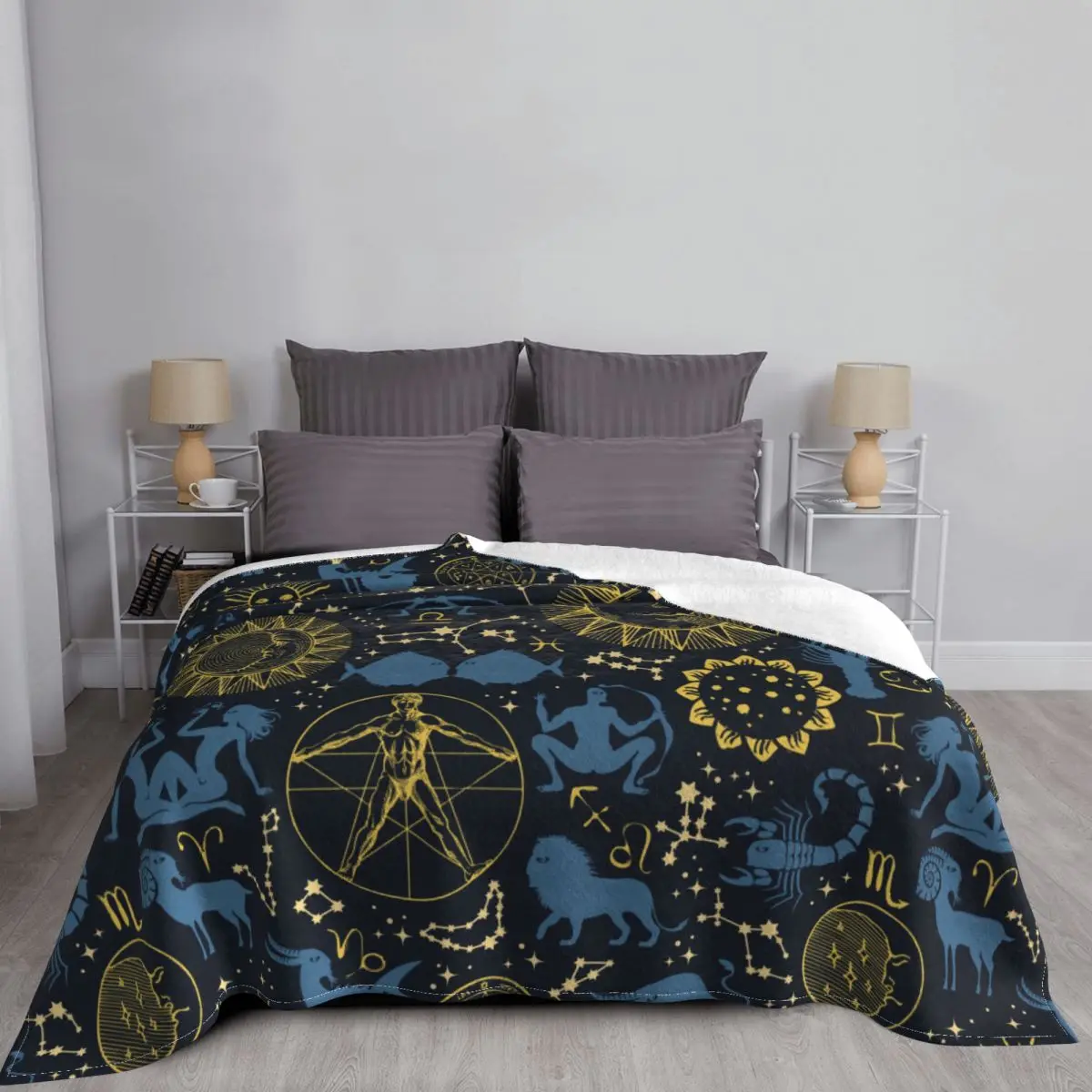 

Zodiac Horoscope Signs Knitted Blanket Sun Moon Stars Vitruvian Fuzzy Throw Blanket Travel Decoration Soft Warm Bedspreads