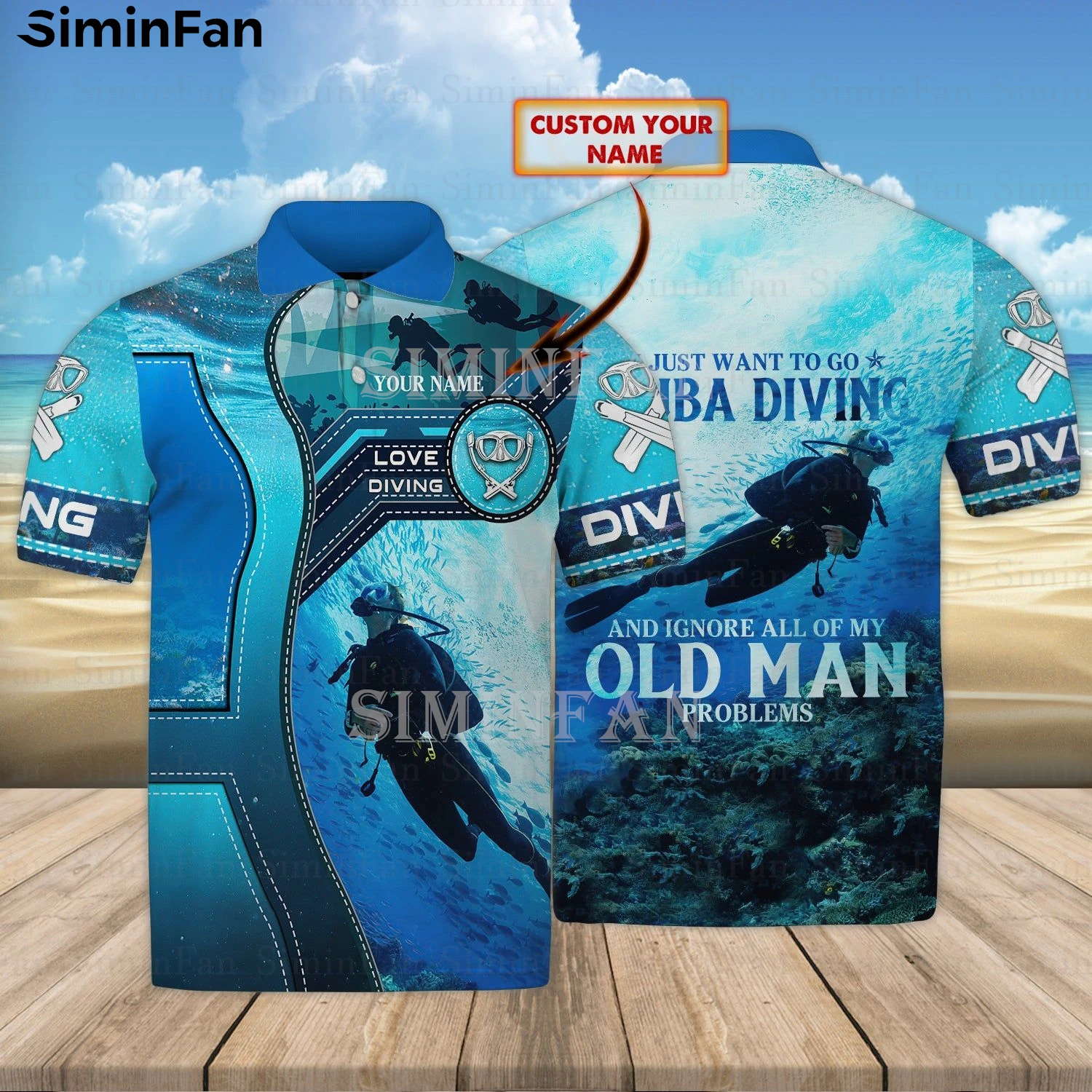 Scuba Diving Personalized Name 3D Printed Mens Blue Polo Shirts Male Summer Tee Unisex Female Short Sleeve Top Casual Streetwear