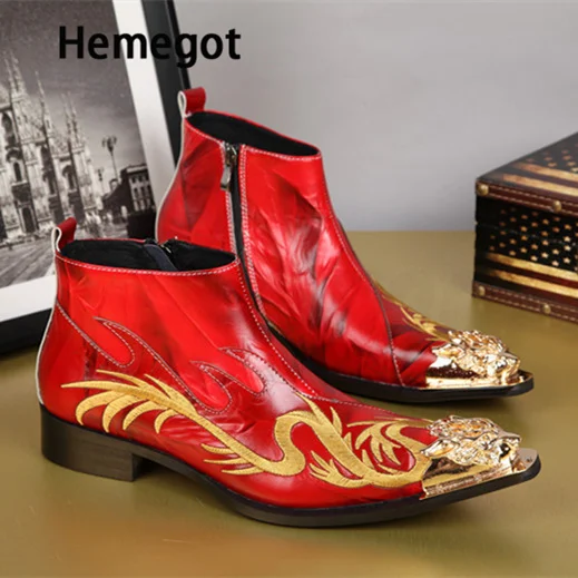 Men Luxury Embroider Dragon Men Boots Side Zip Pointed Toe Square Heel Ankle Boots Handmade Fashion Genuine Leather Winter Shoes