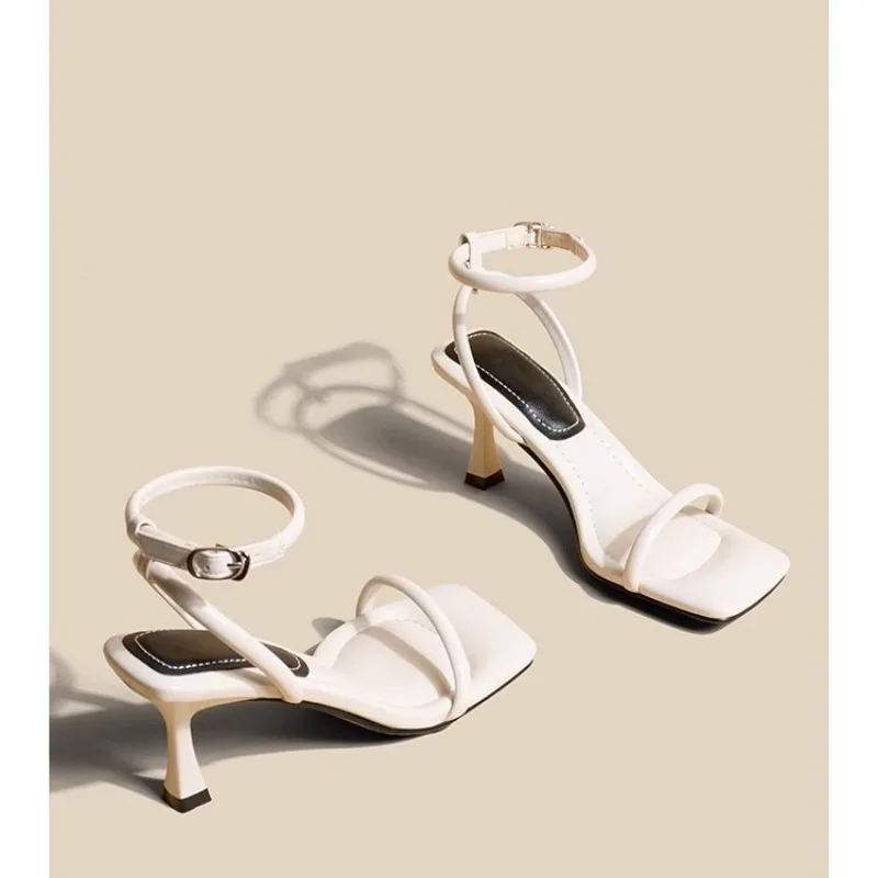 BIGTREE 2024 new white French high heels stiletto square toe word with shit feeling sandals women's summer