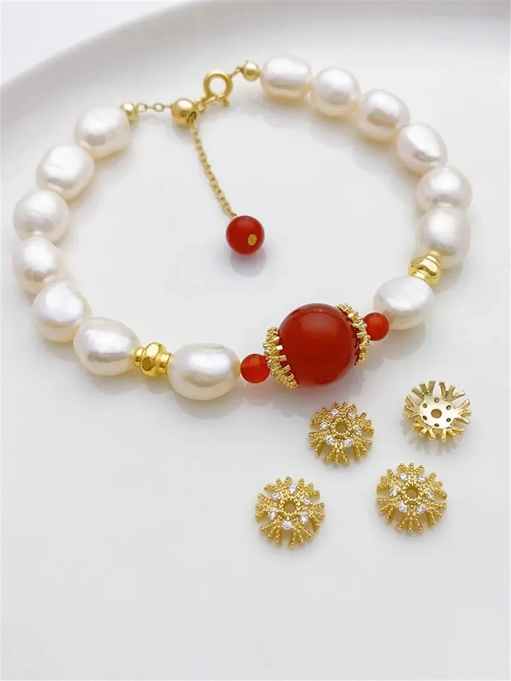 14K Gold and Silver Inlaid with Zircon Christmas Snowflake Tray Spacer Handcrafted DIY Bracelet Necklace Accessory Materials