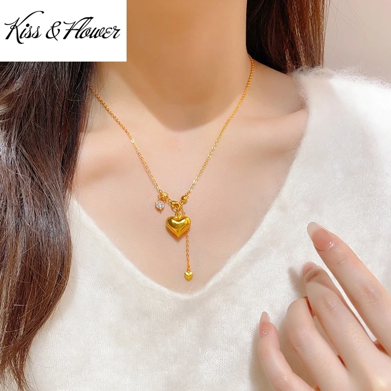 

KISS&FLOWER 24KT Gold Heart Necklace+Ring+Stud Earrings For Women Wedding Party Birthday Christmas Bride Mother Girl Gifts JS102