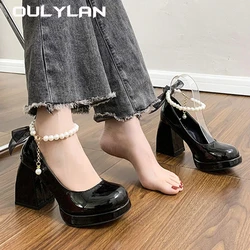 NEW Lace Shoes Women High Heels Elegant Bow Square Toe Black Fashion Pumps Thick Heel Wedding Wedding Party Pearl Ladies