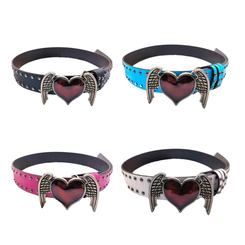 

Adult Waist Belt with Unique Heart&Wing Buckle Multiple Color Rivets Decals PU Waist Belts for Rock Fan Wear Drop shipping