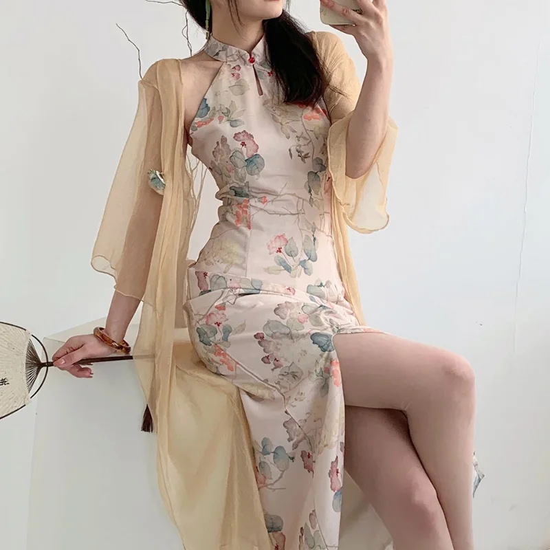 

Chinese Dress Cheongsam Chi-pao Sexy Wrap Buttocks Retro Improved Qipao Dress Women's Summer Clothing Spaghetti Strap Dress