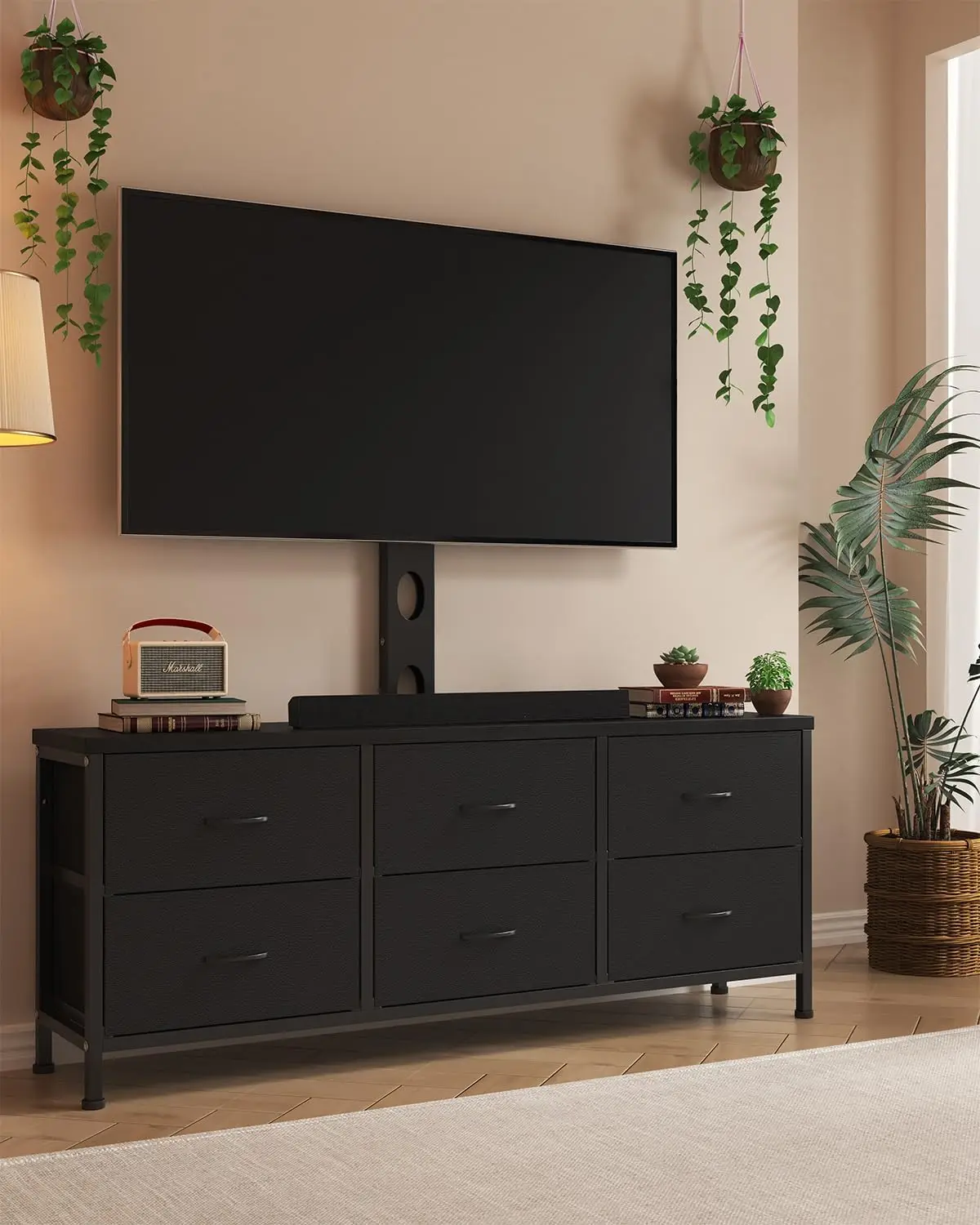 TV Stand with Mount, Fabric Dresser with 6 Drawers for 32/45/55/60/65/75 inch TVs, Black Dresser Entertainment Center, M