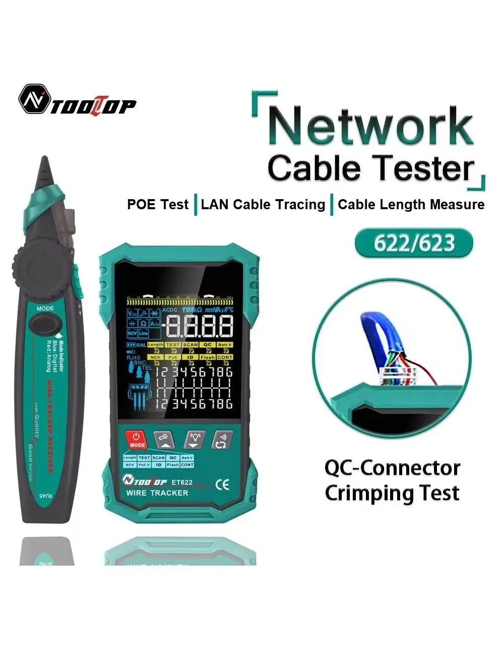 TOOLTOP Netzwerkkabel-Tester Multimeter 2-in-1 Kabelverfolgung POE-Test 400M Längenmessung Einstellbare Empfindlichkeit Leitungsverfolger