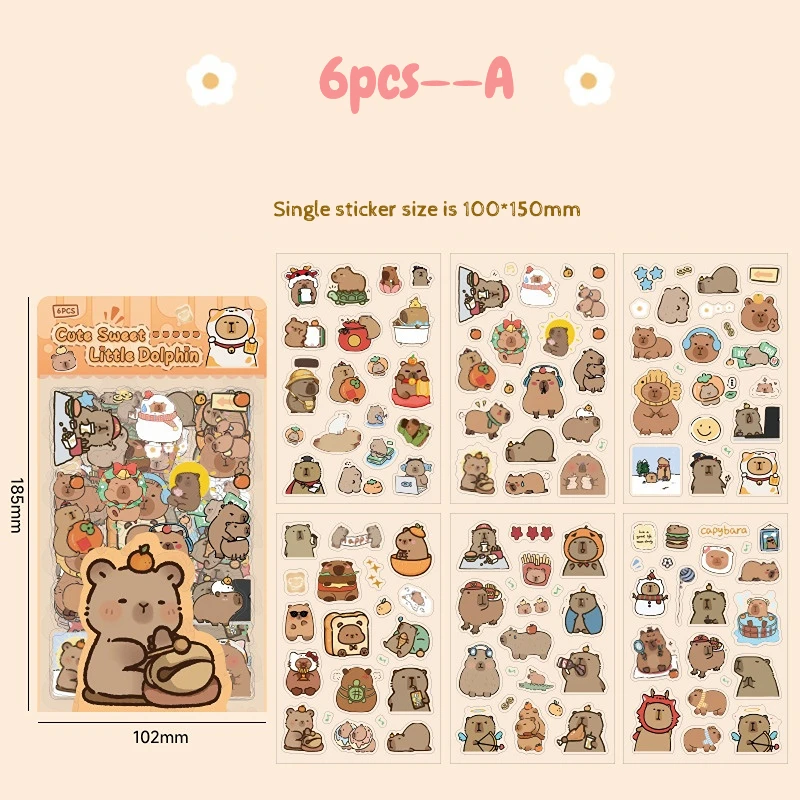 

6 Sheets Cute Capybara Stickers - Transparent Waterproof for School Supplies, Planner & Journal