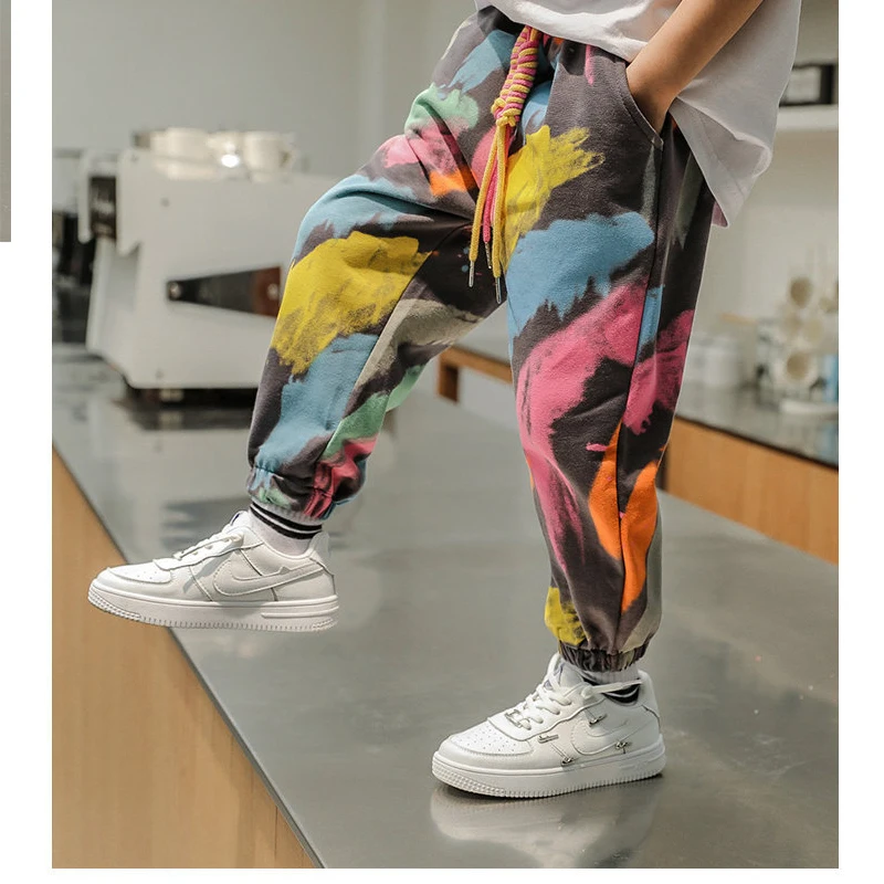 

Spring New Arrival Boys Tie Dye Casual Pants Fashion Hot Deals Graffiti Painting Print Sweatpants Cotton Kids Long Trousers