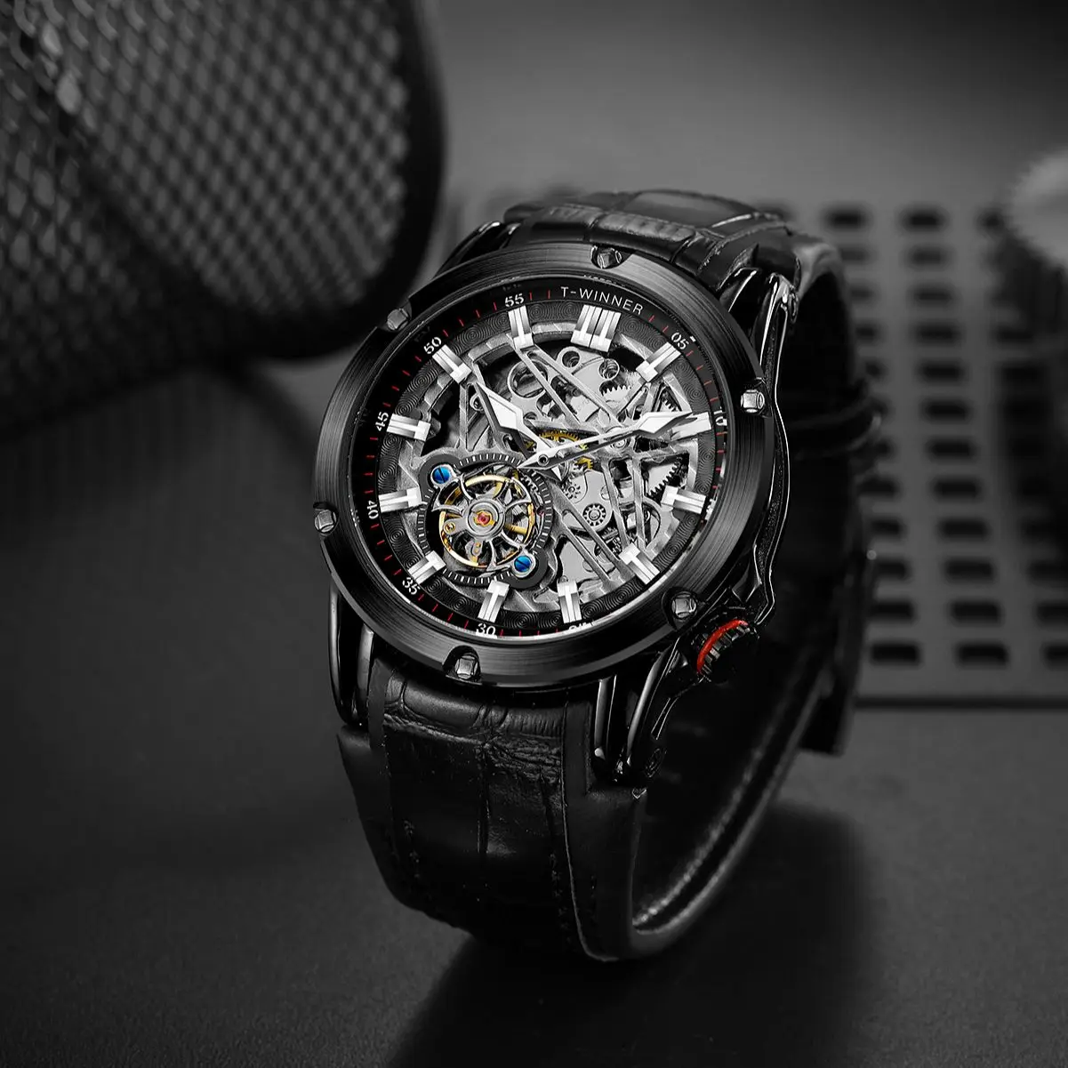 T-Winner New 2024 Men Automatic Mechanical Movement Watch Leather Strap Skeleton Fashion Waterproof for Male Gift Watches