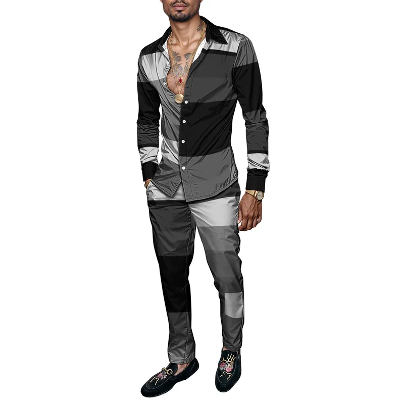 طقم قميص رجالي لربيع وصيف 2025 طباعة ذئب أنيقة تتميز بتصميم السماء المرصعة بالنجوم مكون من قطعتين طقم كون رجالي خفيف الوزن