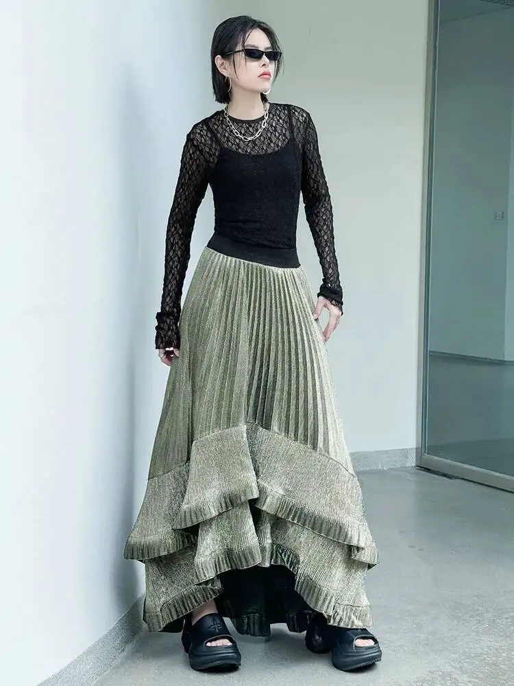 High Elastic Waist Black Irregular Pleated Elegant A-line Half-body Skirt Women Fashion New Spring Autumn
