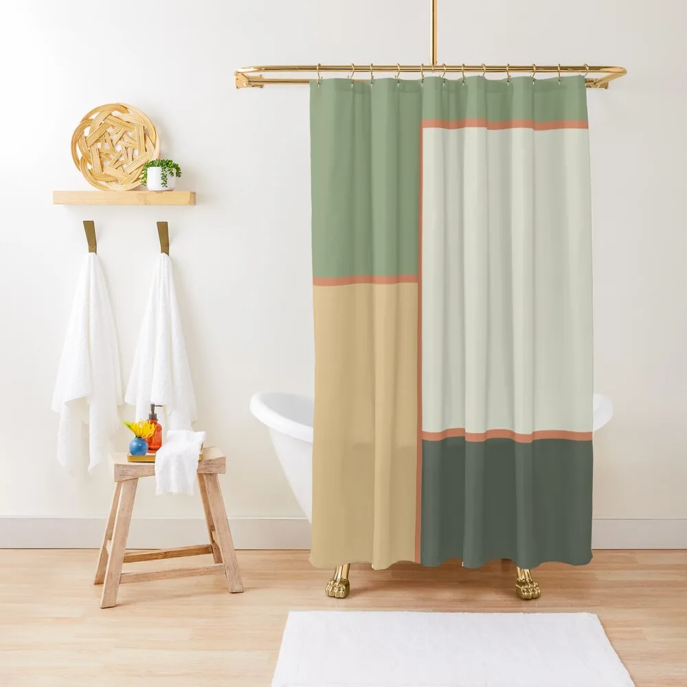 

Soft Geometrics Mid-Century Modern Minimalist Geo Pattern in Sage Green and Apricot Shower Curtain In The Bathroom Curtain