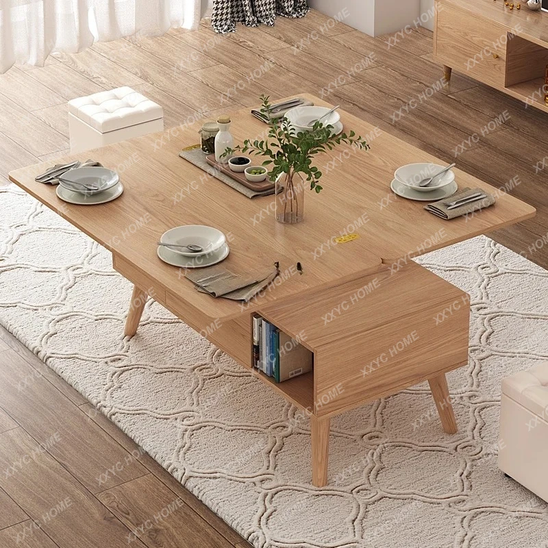 A Nordic multi-functional lifting coffee table becomes dining table dual-purpose living room small apartment solid wood